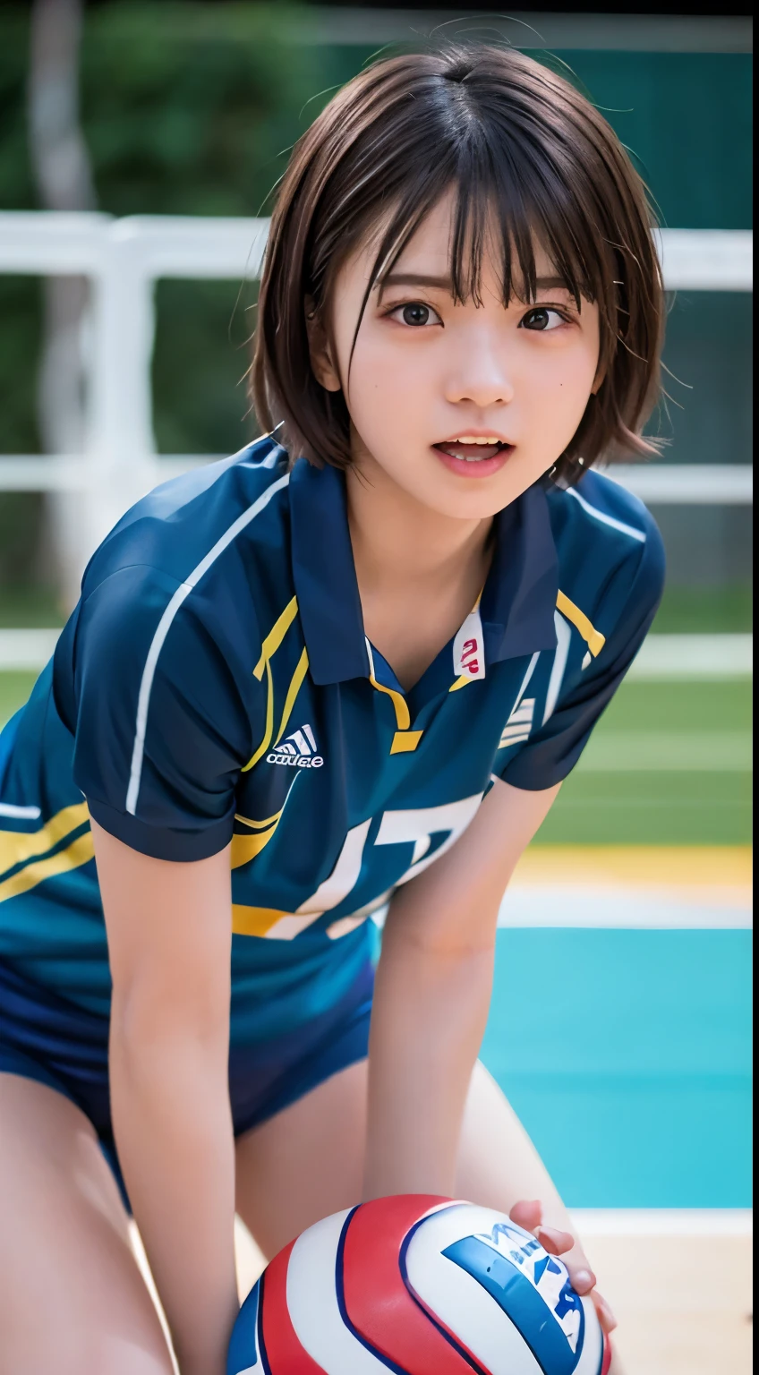 table top, highest quality, 8K, 15 year old student, , Raw photo, absurd, award-winning portraits, mouth, alone, night, neon, idol face, violaces, gardenia, delicate girl, Upper body, Digital single-lens reflex camera, looking at the viewer, Frank, Sophisticated, Zola々right, thin arms, professional lighting, film grain, chromatic aberration, (Eye and face details:1.0), (Bokeh:1.1) , volleyball uniform , short hair