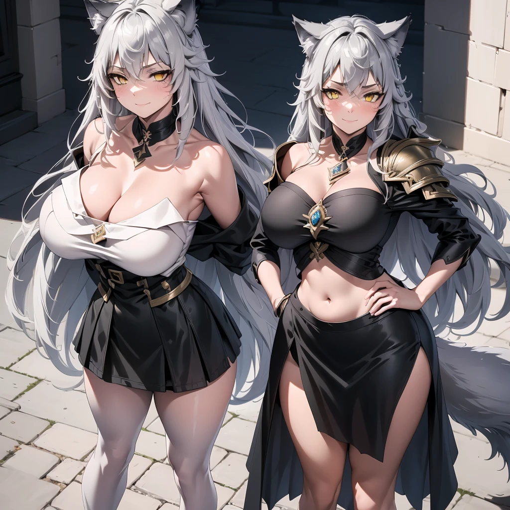 Full body portrait, solo, (1woman), masterpiece, 4k, wallpaper, highlydetailed face, ultra-detailed face, voluptuous, big breasts, curvy, long hair, gray-silver hair, a young wolf woman, wolf ears, long wolf tail, beautiful, enchanting, bright yellow eyes, detailed eyes, ultra-detailed eyes, elegant, small vertical scar under right eye, small rosy lips, big breasts, slender elegant arms, pretty hands, detailed hands, charming, slight blush, smug smile, black stylish shorts and top outfit, detached sleeves, light black armor, armored skirt, black armored coat, bare off shoulders, toned abs, exposed belly, standing pose, hands on hips pose