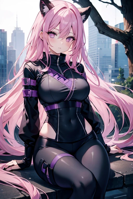 A pink haired female ninja with violet eyes and an hourglass figure in a conservative ninja outfit with black leggings  is sitting in a tree