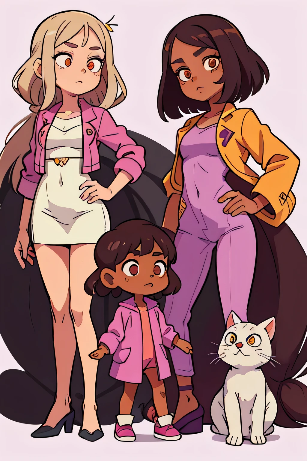 Uma garota, com cabelo curto castanho, in a lilac jacket with cats, Zhdinsy preto oversize, the eyes are brown, sardas no rosto, Standing posture, Ficha de personagem, different angles