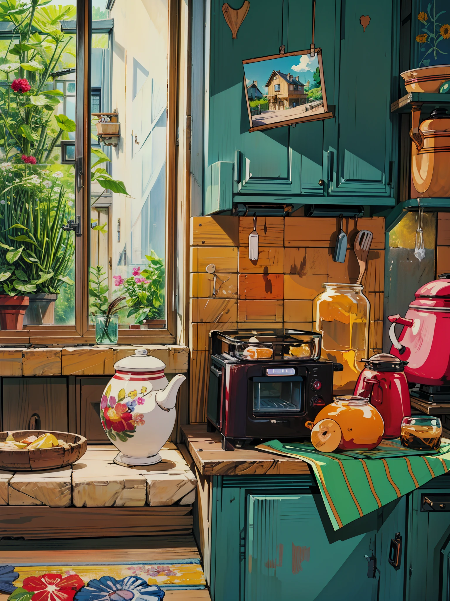 a painting of a kitchen with a stove and a window, kitchen background, house kitchen on a sunny day, old kitchen backdrop, in a kitchen, cute kitchen, inside a cluttered kitchen, kitchen, 7 0's kitchen, bright window lit kitchen, in the kitchen, oil painting of breakfast, cozy home background, small kitchen, by Edward Okuń, springtime morning, 4k hd,, beautiful art uhd 4 k, a beautiful artwork illustration, beautiful digital painting, highly detailed digital painting, beautiful digital artwork, detailed painting 4 k, very detailed digital painting, rich picturesque colors, gorgeous digital painting