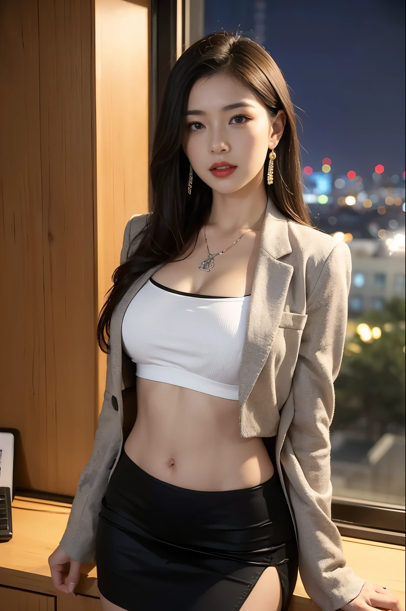 (RAW photo, highest quality), (realistic, photorealistic: 1.3), highest quality, masterpiece, very delicate and beautiful, highly detailed CG, unity, 8k wallpaper, amazing fine, fine detail, masterpiece, highest quality, highly detailed eyes and face, beautiful detailed eyes, face light, beautiful detailed eyes, beautiful detailed eyes, look the viewer, (highest quality, 8k, 32k, masterpiece, UHD: 1.2), Cute Japan woman photo, detailed double eyes, super detailed face, detailed eyes, amazing, double eyelids, the most beautiful face in the world, long hair, big, suit attire, work figure, black jacket, too short black skirt, tight outfit, tight clothes, Tokyo background, sexy, pin high heels, camel toes, whole body, thighs, bare legs, legs spread wide, sweaty skin, sweaty, Shirt is see-through with sweat
