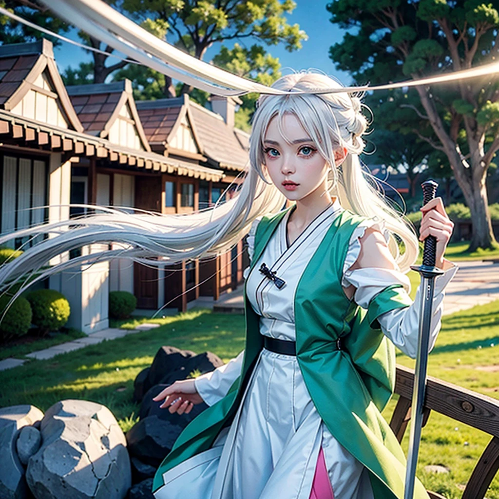 Anime girl with white hair and green eyes holding a sword, detailed digital anime art, anime style 4k, white haired god, anime art wallpaper 4k, anime art wallpaper 4k, Best Anime 4K Kona-chan Wallpaper, anime art wallpaper 8k, detailed anime artwork, detailed anime art, Detailed anime original drawing, anime wallpaper 4k, anime wallpaper 4k