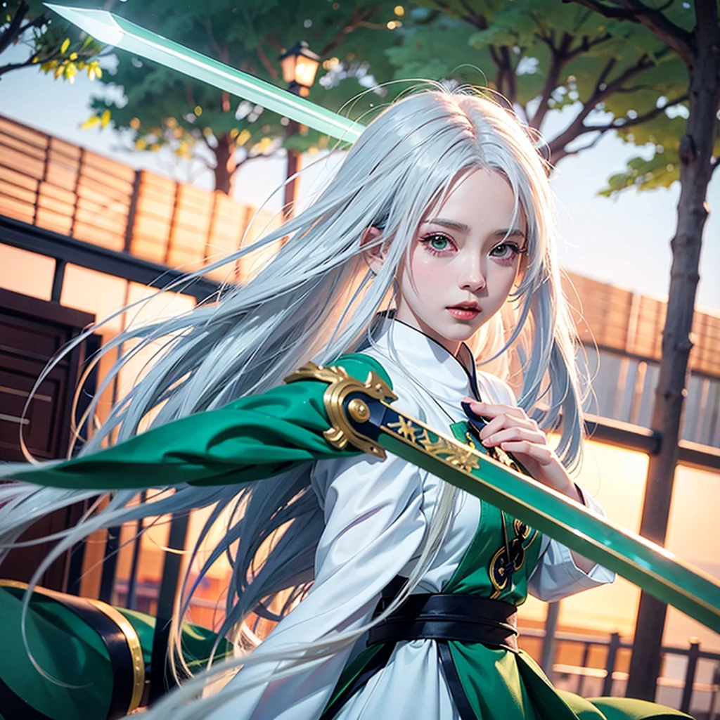 Anime girl with white hair and green eyes holding a sword, detailed digital anime art, anime style 4k, white haired god, anime art wallpaper 4k, anime art wallpaper 4k, Best Anime 4K Kona-chan Wallpaper, anime art wallpaper 8k, detailed anime artwork, detailed anime art, Detailed anime original drawing, anime wallpaper 4k, anime wallpaper 4k