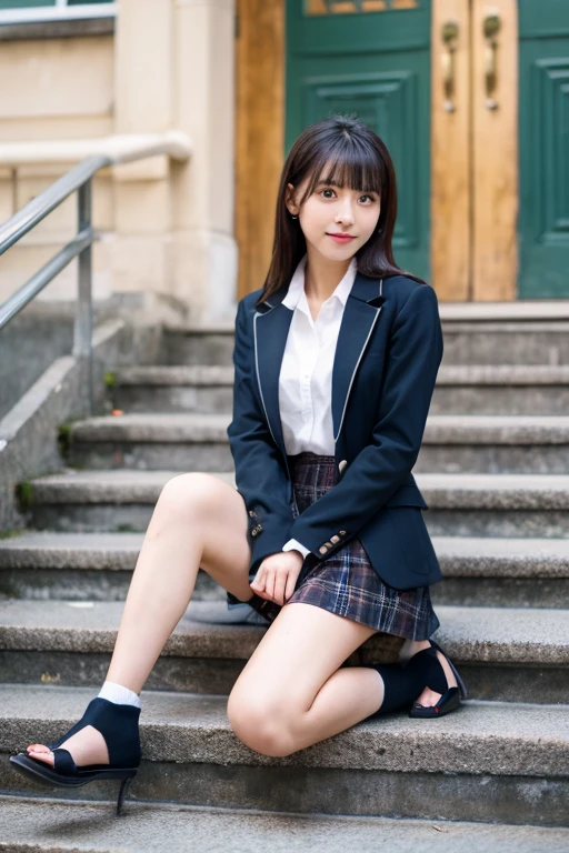 Cute 18 year old girl squatting on the sidewalk,Red tie uniform,Dark Blue Blazer,Blue checked mini skirt,White Panty Shot1.6Crouching Bangs,A small smile,Thighs,knees,random crouching pose,Slim figure,Wear black loafers,