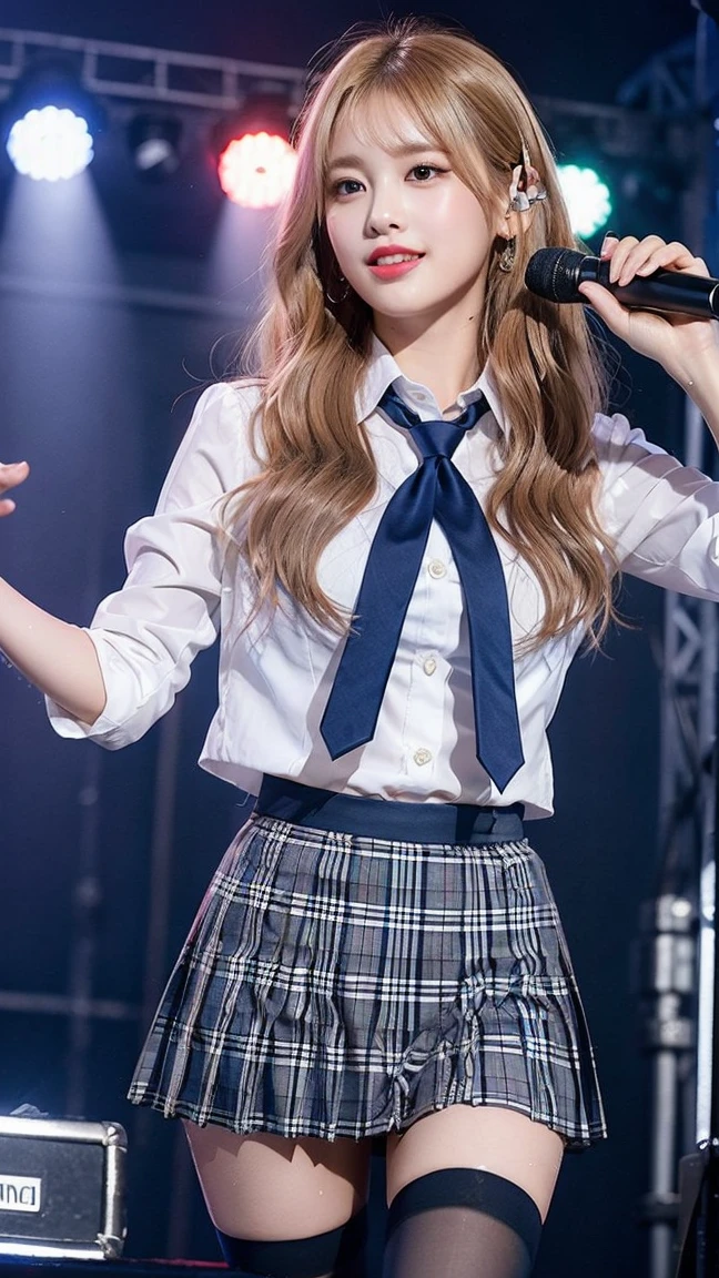 (8K), (highest quality: 1.2), (realistic), (realistic: 1.47), ultra high resolution, 1 girl, cute, smile, closed mouth, (thick lips:1.2),red lip,(Purse your mouth),beautiful details, beautiful nose,(Straight shiny pink blonde hair),Standing on the concert stage,hold the microphone in your right hand,Bend your elbows and raise your hands,(University Student Uniform,A simple navy blue blazer,white satin shirt,tie,Tartan check pleated skirt,opaque tights:1.2),(Close up on wet thighs:1.2),(knees),(super low angle:1.2),(medium shot),