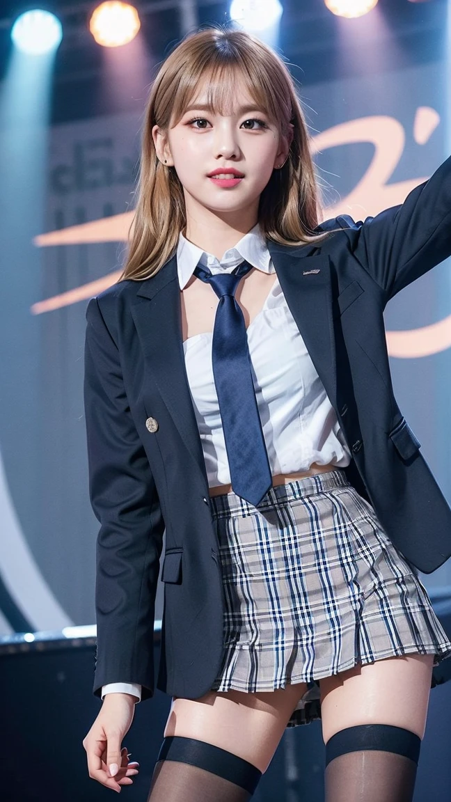 (8K), (highest quality: 1.2), (realistic), (realistic: 1.47), ultra high resolution, 1 girl, cute, smile, closed mouth, (thick lips:1.2),red lip,(Purse your mouth),beautiful details, beautiful nose,(Straight shiny pink blonde hair),Standing on the concert stage,hold the microphone in your right hand,Bend your elbows and raise your hands,(University Student Uniform,A simple navy blue blazer,white satin shirt,tie,Tartan check pleated skirt,opaque tights:1.2),(Close up on wet thighs:1.2),(knees),(super low angle:1.2),(medium shot),