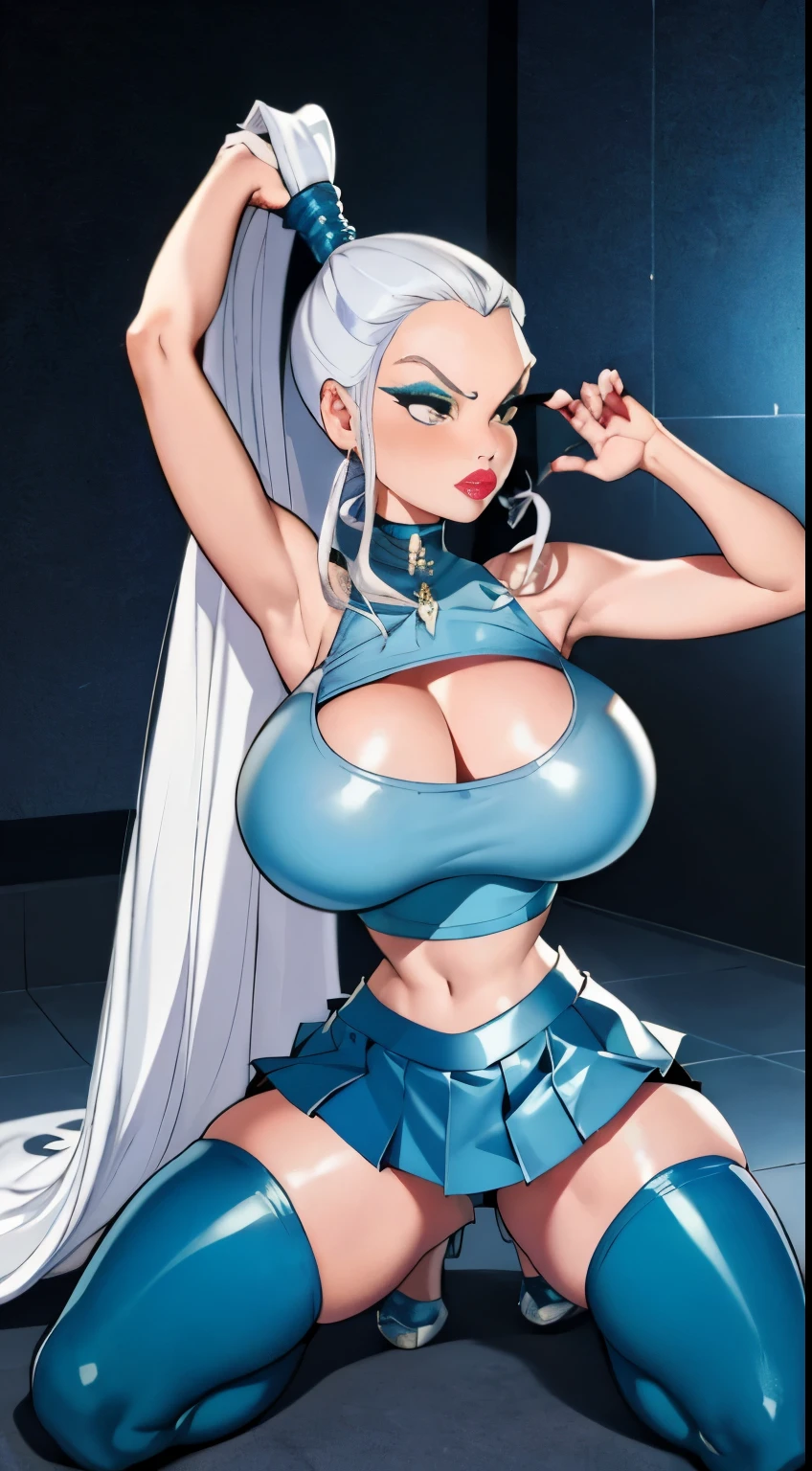 bmb-fc, sunny, bodycon dress, 1girl, face, woman , (masterpiece, best quality), 1girl, kneeling pose, show armpit, platinum blonde hair, ponytail, plump lips, pouty lips, ???????????, hourglass figure, shocked face, hot winx outfit, (((tight blue crop top))), (((pleated microskirt))), school park, thighhighs,