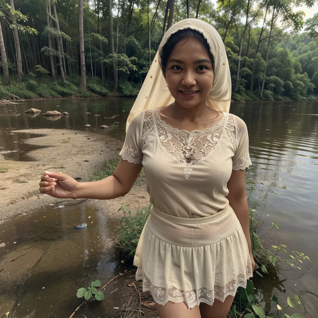 A 52 years old Indonesian woman in cream color hijab, wearing cream color lace tight t-shirt, wearing very short see-through cream color lace skirt, skirtlift, villager, poor woman, darker skin, curvier body, short body, smiling and standing by a lake in a dark forest, look to the viewer with eye close