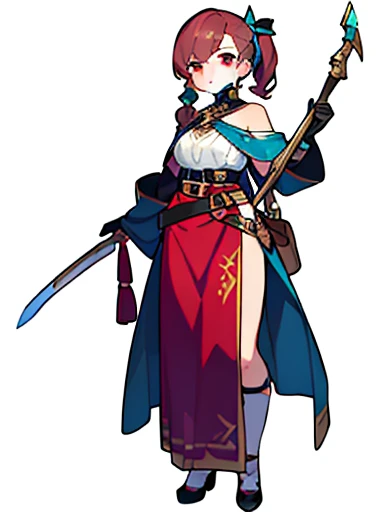 (((8k,Best Quality)), Masterpiece, girl, holding sword, gloves, looking at viewer, variety of hairstyles, variety of hairstyles, solo, white cloth, full body, white background, belt, cutoffs, high fantasy clothes,