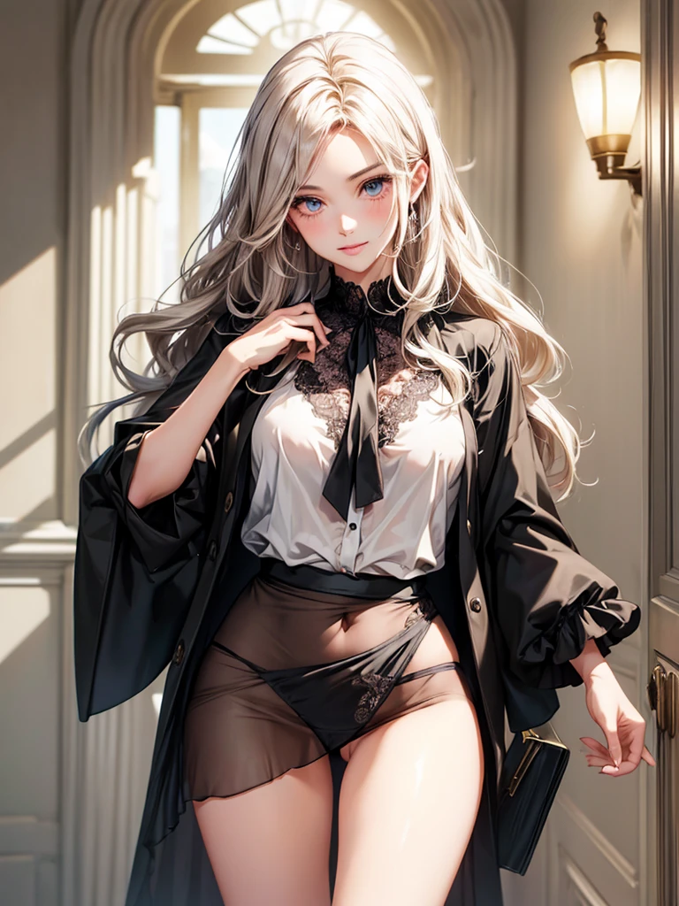 A woman, 30 years old, , Super textured hair, Extra long wavy hair, Single ear front hair, Nice face, Super detailed eyes, Grow eye hair, shining pupils, Charming eyes, Beautiful and delicate lips, seductive smile, A light blush, Very detailed face, Extra detailed body, High quality real skin texture, Soft textured skin, (Advanced semi-transparent chiffon office clothing design), white collared shirt, Black silk long skirt, Lace trim at hem, High heel, (bust cardigan), Black underwear, High quality legs, Super high quality fingers,