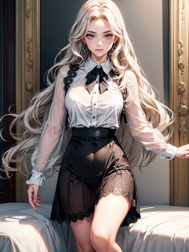 A woman, 30 years old, , Super textured hair, Extra long wavy hair, Single ear front hair, Nice face, Super detailed eyes, Grow eye hair, shining pupils, Charming eyes, Beautiful and delicate lips, seductive smile, A light blush, Very detailed face, Extra detailed body, High quality real skin texture, Soft textured skin, (Advanced semi-transparent chiffon office clothing design), white collared shirt, Black silk long skirt, Lace trim at hem, High heel, (bust cardigan), Black underwear, High quality legs, Super high quality fingers,