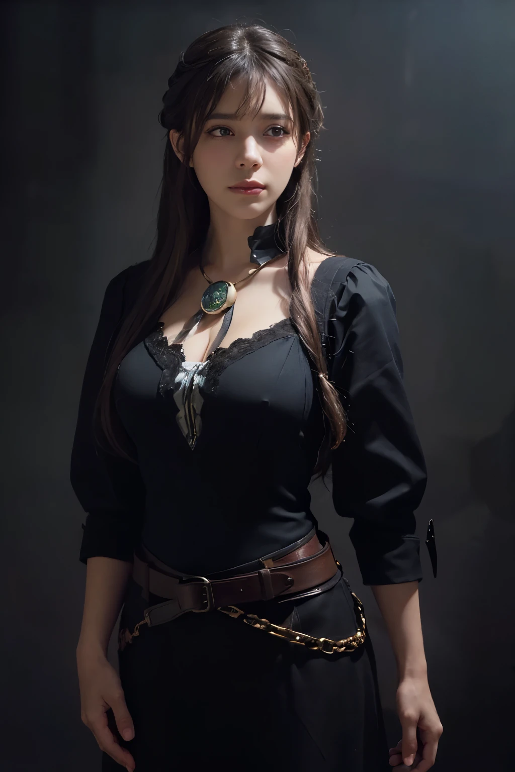 (front focus), (in the dark:1.6), Hyperrealist portrait of female by david hockney and alphonse mucha, fantasy art, photo realistic, dynamic lighting, artstation, poster, volumetric lighting, very detailed faces, 4 k, award winning, 1girl, in the dark, deep shadow, low key, cowboy shot, (official clothing:1.4), long hair, white hair
