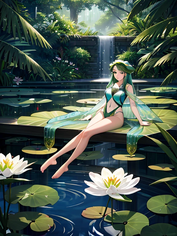 Super realistic photo of an anthropomorphic snake frog gracefully sitting on the lily pads in the grass, wearing vibrant swimming attire. The enchanting scene takes place on the serene surface of the lake. The captivating composition elicits a profound sense of awe and admiration. This ultra-realistic and ultra-detailed masterpiece, reminiscent of a living painting, showcases the magnificence and beauty of nature. The hyper-emotional and epic cinematic lighting creates a mesmerizing atmosphere, illuminating every intricate detail with stunning clarity. The 8K Ultra HD resolution reveals each texture, pattern, and shade with lifelike precision, transporting