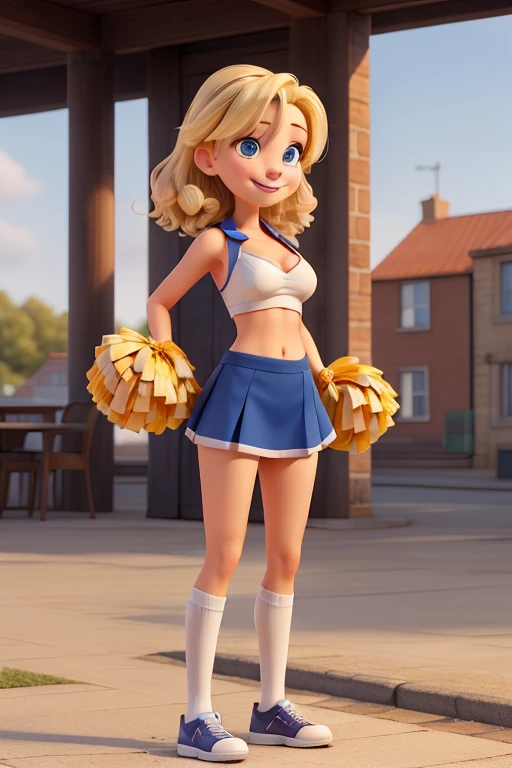High school cheerleader, solo, female, blonde hair, blue eyes, white body, smiling, medium breasts, cleavage, slim, small waist, small hips, european city, brick road, hands behind back, happy, looking at viewer, high quality
