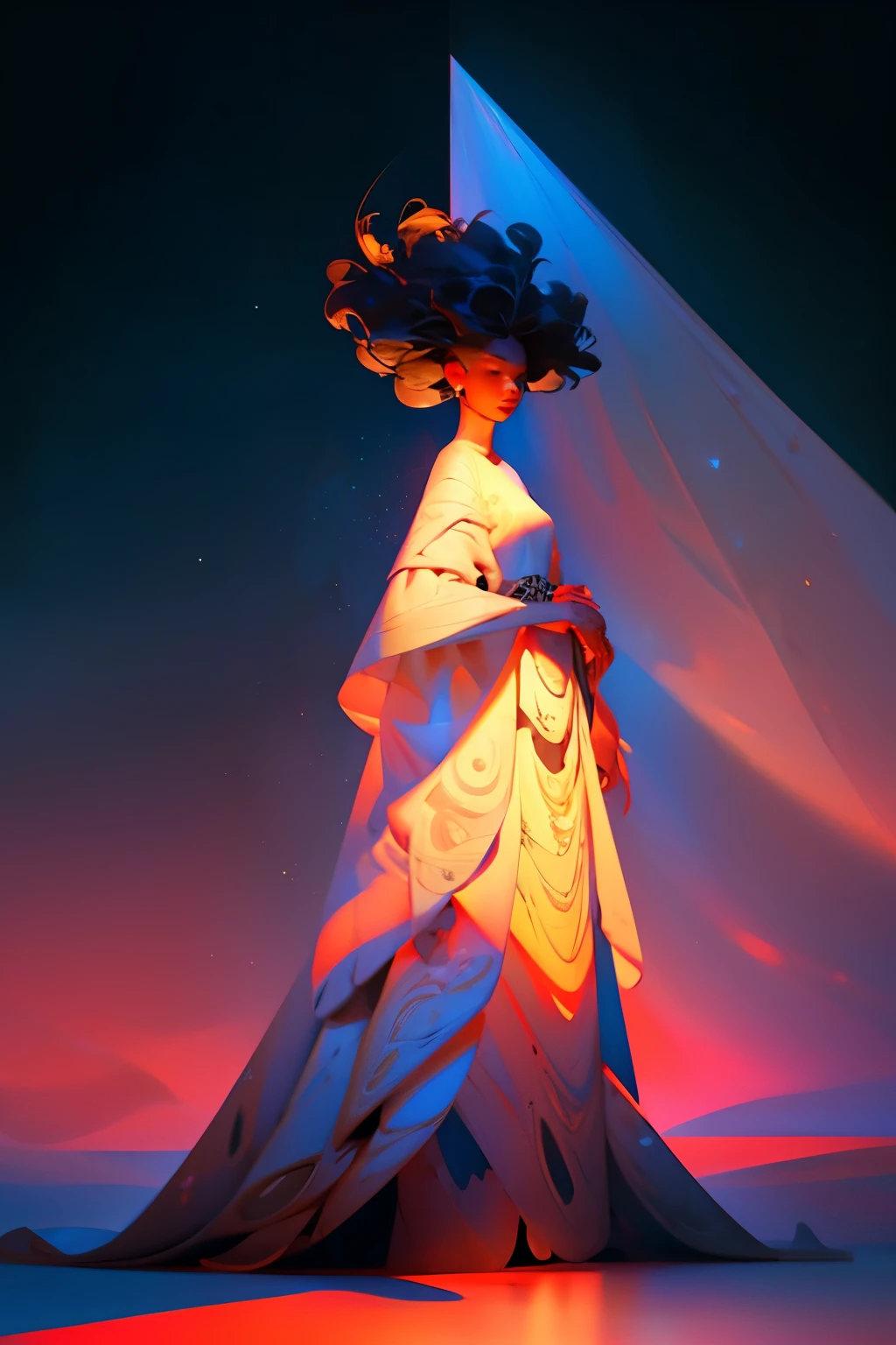 Aerial view shot of a majestic black woman with dark skin, exuding elegance and grace. She stands tall in an ethereal space, adorned in a breathtaking crested crane designed dress that symbolizes her regality. The empty expanse around her is transformed into a canvas of vibrant colors, as the floor and background are intricately crafted with a mesmerizing combination of red, blue, and white cubism art squares. Bathed in the glow of a radiant light, her presence becomes an artistic masterpiece, embodying creativity and inspiration.