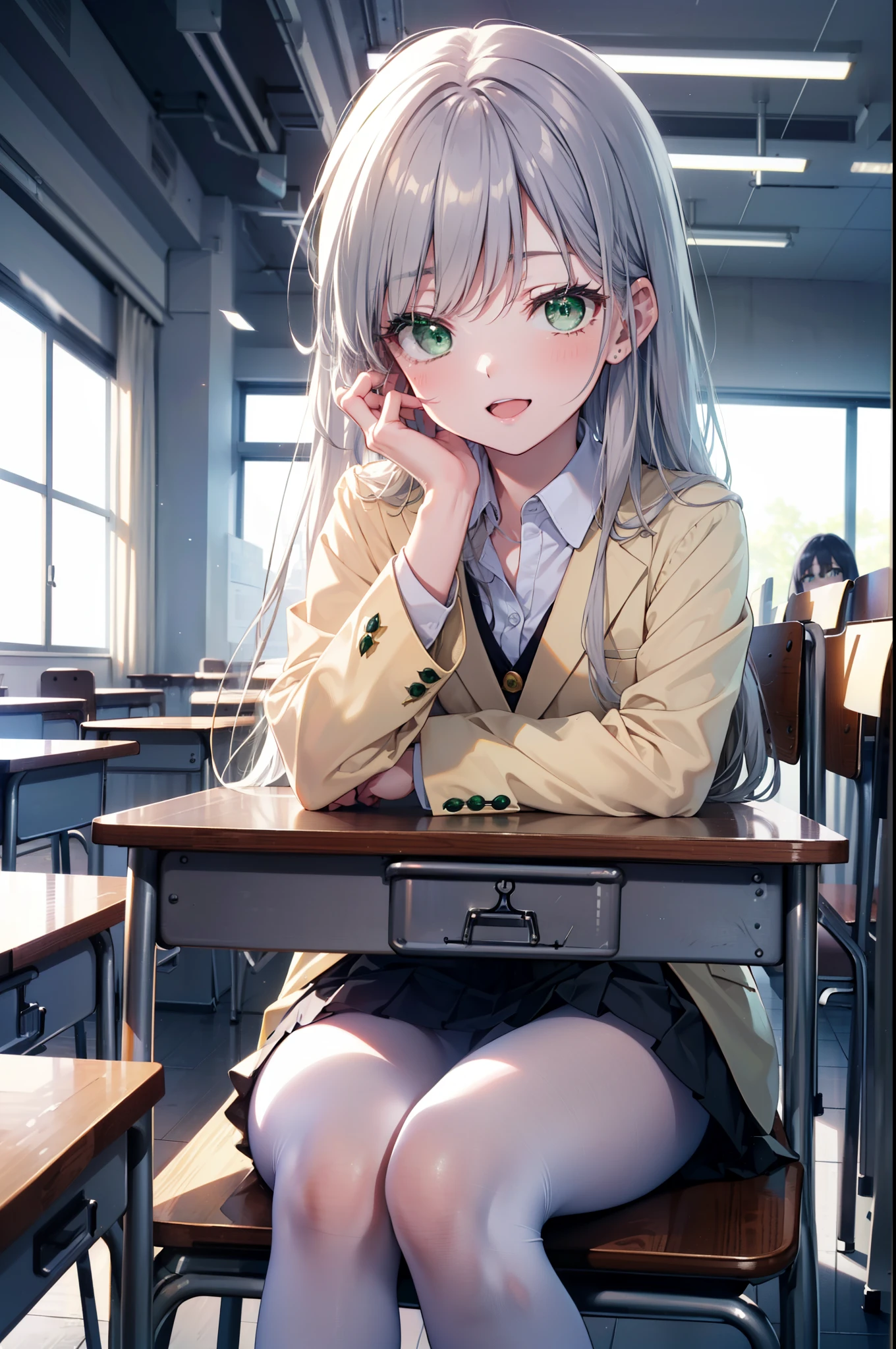index, index, (green eyes:1.5), silver hair, long hair, (flat chest:1.2),happy smile, smile, open your mouth,White Y-shirt,yellow blazer,White pleated skirt,black pantyhose,brown loafers,sitting cross-legged on a chair,There is a textbook on the desk,daytime,
break looking at viewer, Upper body, whole body,
break indoors, School　classroom,
break (masterpiece:1.2), highest quality, High resolution, unity 8k wallpaper, (figure:0.8), (detailed and beautiful eyes:1.6), highly detailed face, perfect lighting, Very detailed CG, (perfect hands, perfect anatomy),