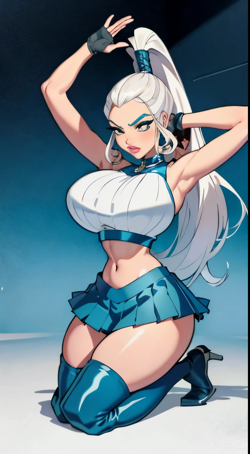 bmb-fc, sunny, bodycon dress, 1girl, face, woman , (masterpiece, best quality), 1girl, kneeling pose, show armpit, platinum blonde hair, ponytail, plump lips, pouty lips, huge breast, hourglass figure, shocked face, hot winx outfit, (((tight blue crop top))), (((pleated microskirt))), school park, glove, thighhighs,