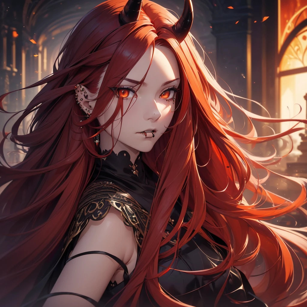 (best quality,4k,highres,masterpiece:1.2),ultra-detailed,realistic:1.37, portraits, (((long flowing red hair))), beautifully fair skin, black outfit, (((piercing orange eyes))), sensual pose, ((subtle black spots, mysterious aura, monochromatic colors)), mature woman, ((black horn))