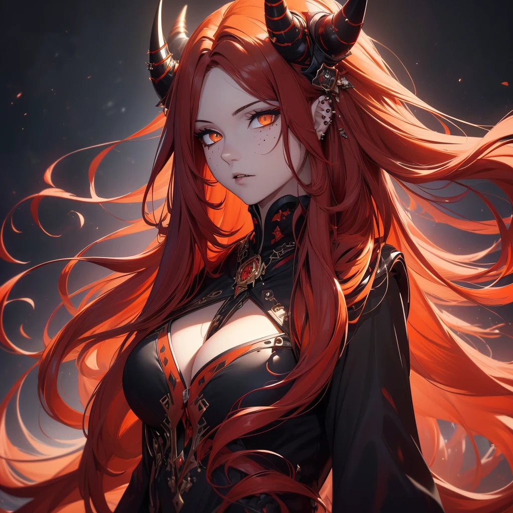 (best quality,4k,highres,masterpiece:1.2),ultra-detailed,realistic:1.37, portraits, (((long flowing red hair))), beautifully fair skin, black outfit, (((piercing orange eyes))), sensual pose, ((subtle black spots, mysterious aura, monochromatic colors)), mature woman, ((black horn))