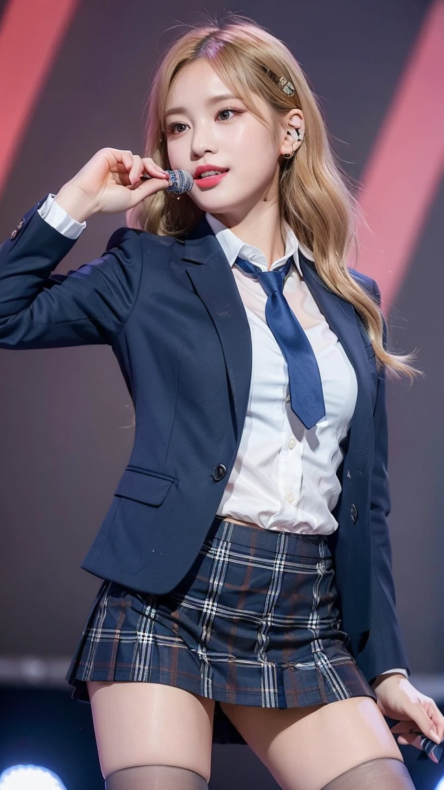 (8K), (highest quality: 1.2), (realistic), (realistic: 1.47), ultra high resolution, 1 girl, cute, smile, closed mouth, (thick lips:1.2),red lip,(Purse your mouth),beautiful details, beautiful nose,(Straight shiny pink blonde hair),Dancing on the concert stage,hold the microphone in your right hand,Bend your elbows and raise your hands,(University Student Uniform,A simple navy blue blazer,white satin shirt,tie,Tartan check pleated skirt,opaque tights:1.2),(Close up on wet thighs:1.2),(knees),(super low angle:1.2),(medium shot),