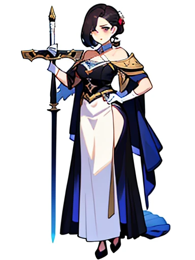 (((8k,Best Quality)), Masterpiece, girl, holding sword, gloves, looking at viewer, variety of hairstyles, variety of hairstyles, solo, white cloth, full body, white background, high fantasy clothes,