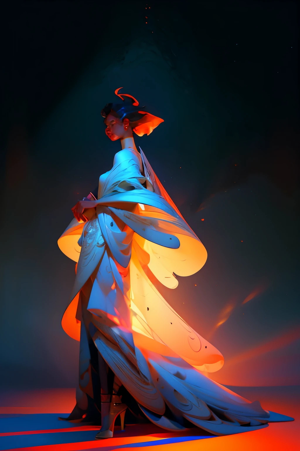 Aerial view shot of a majestic black woman with dark skin, exuding elegance and grace. She stands tall in an ethereal space, adorned in a breathtaking crested crane designed dress that symbolizes her regality. The empty expanse around her is transformed into a canvas of vibrant colors, as the floor and background are intricately crafted with a mesmerizing combination of red, blue, and white cubism art squares. Bathed in the glow of a radiant light, her presence becomes an artistic masterpiece, embodying creativity and inspiration.