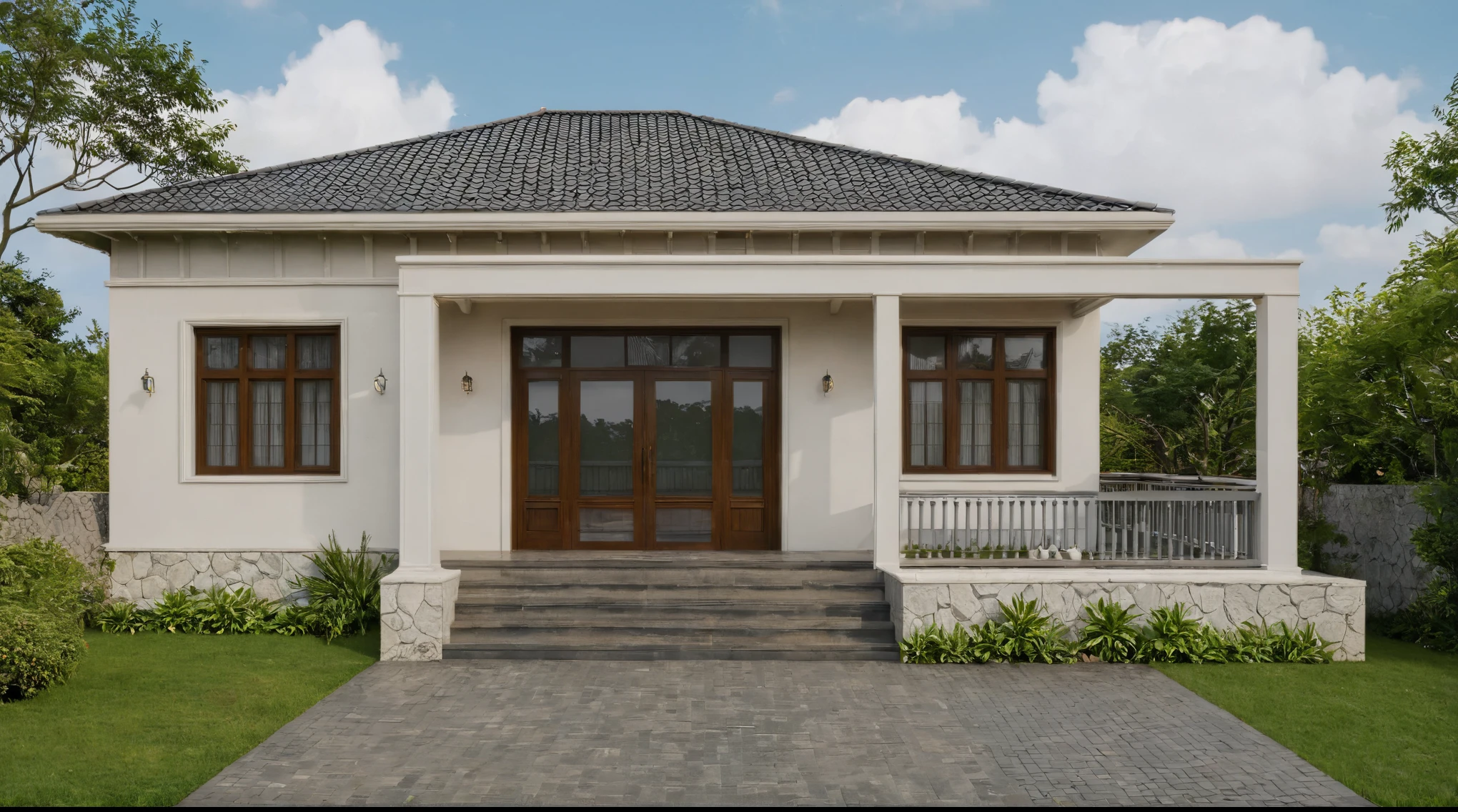Raw photo,Masterpiece, high quality, best quality, authentic, super detail,
exterior, outdoors, house style indochine on the street ,aiaigroup
road,pavement, grass, trees, sky, cloud, (day:1.1)