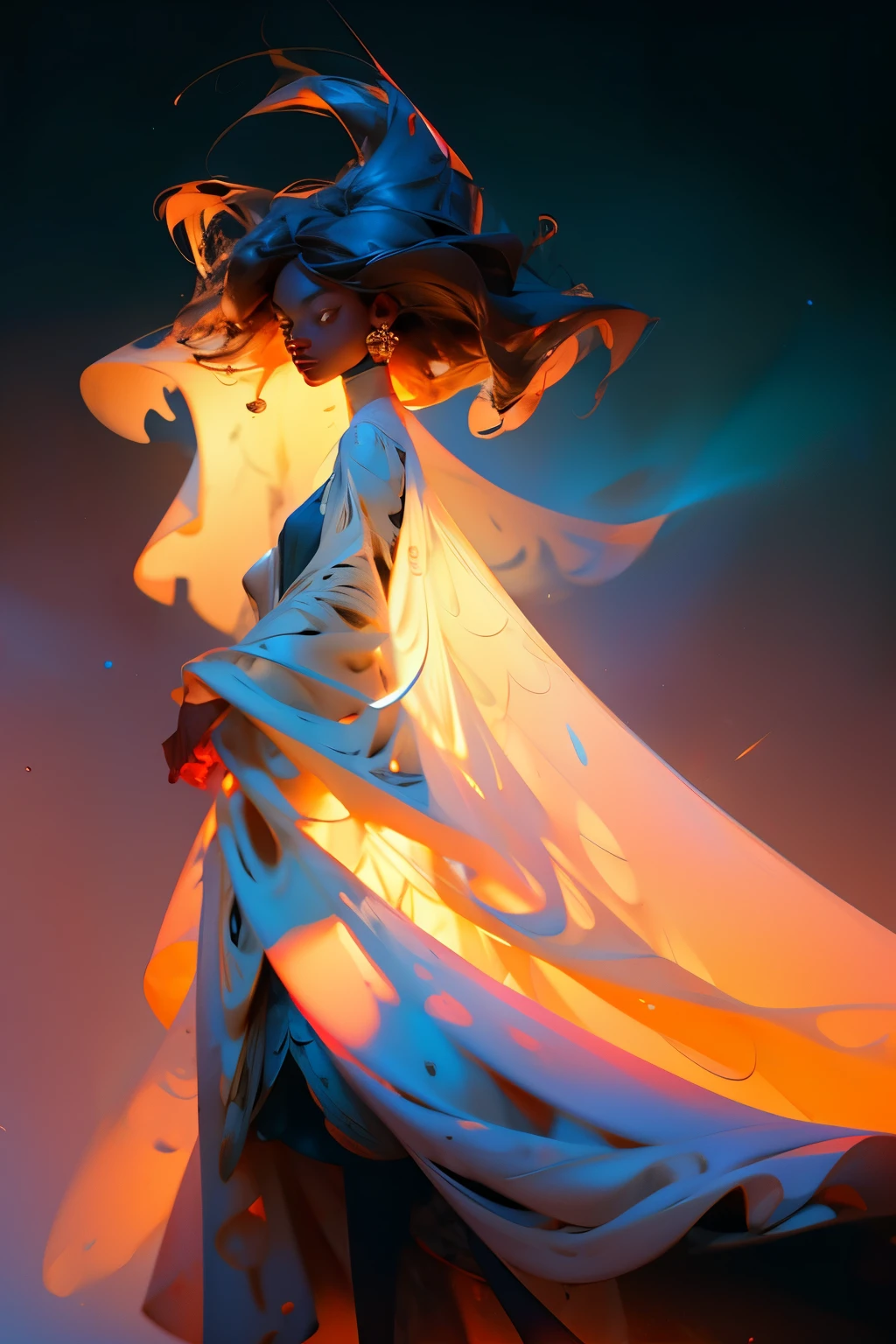 Aerial view shot of a majestic black woman with dark skin, exuding elegance and grace. She stands tall in an ethereal space, adorned in a breathtaking crested crane designed dress that symbolizes her regality. The empty expanse around her is transformed into a canvas of vibrant colors, as the floor and background are intricately crafted with a mesmerizing combination of red, blue, and white cubism art squares. Bathed in the glow of a radiant light, her presence becomes an artistic masterpiece, embodying creativity and inspiration.