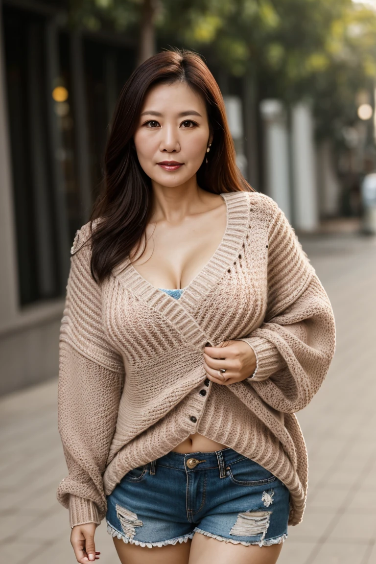 Portrait of a middle-aged Taiwanese woman, 40 years old, cute face, Slim, Tortitz, (big sagging:1.1), huge nipples, wear (Sexy sweater:1.2), wear(shorts 1.2) ,High heel,running