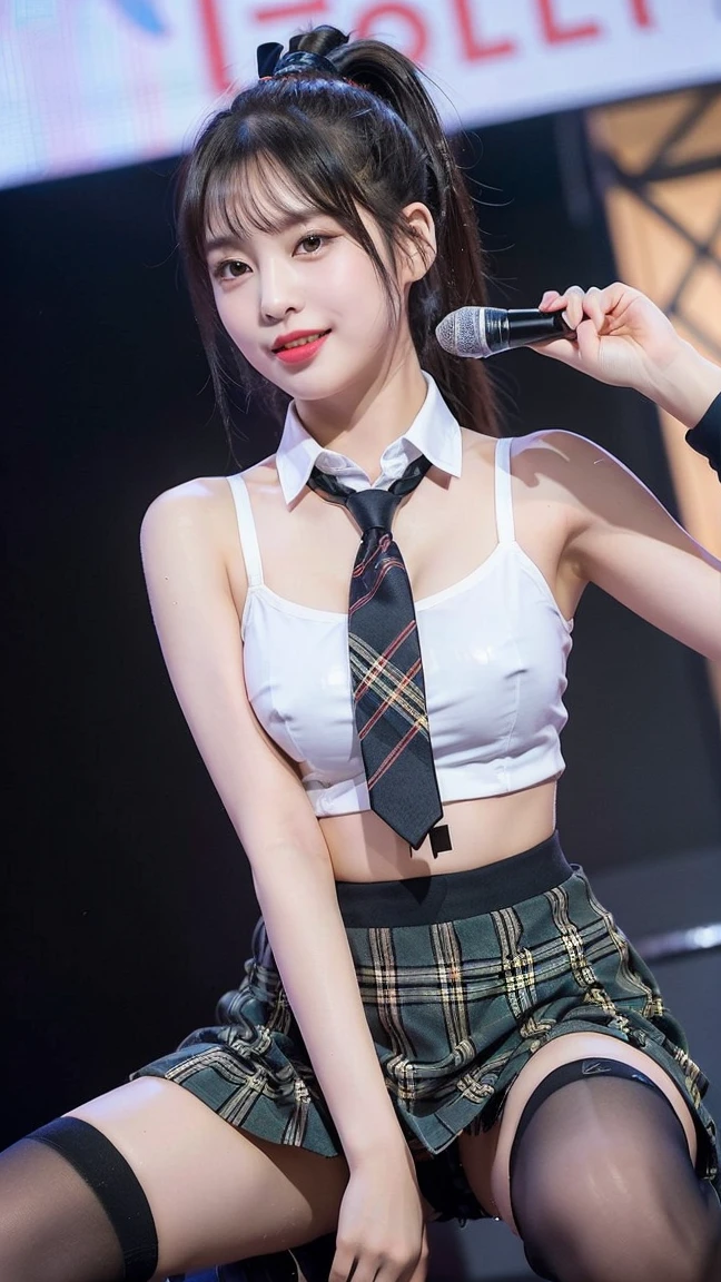 (8K), (highest quality: 1.2), (realistic), (realistic: 1.47), ultra high resolution, 1 girl, cute, smile, closed mouth, (thick lips:1.2),red lip,(Purse your mouth),beautiful details, beautiful nose,(Straight shiny black hair),(With a black ribbon on her head),(ponytail hair),Crouching on the concert stage,open legs,white panties,hold the microphone in your right hand,Bend your elbows and raise your hands,(University Student Uniform,I can see the nipples,tie,Tartan check pleated skirt,Bruny High Socks:1.2),(Close up on wet thighs:1.2),(knees),(super low angle:1.3),(medium shot),