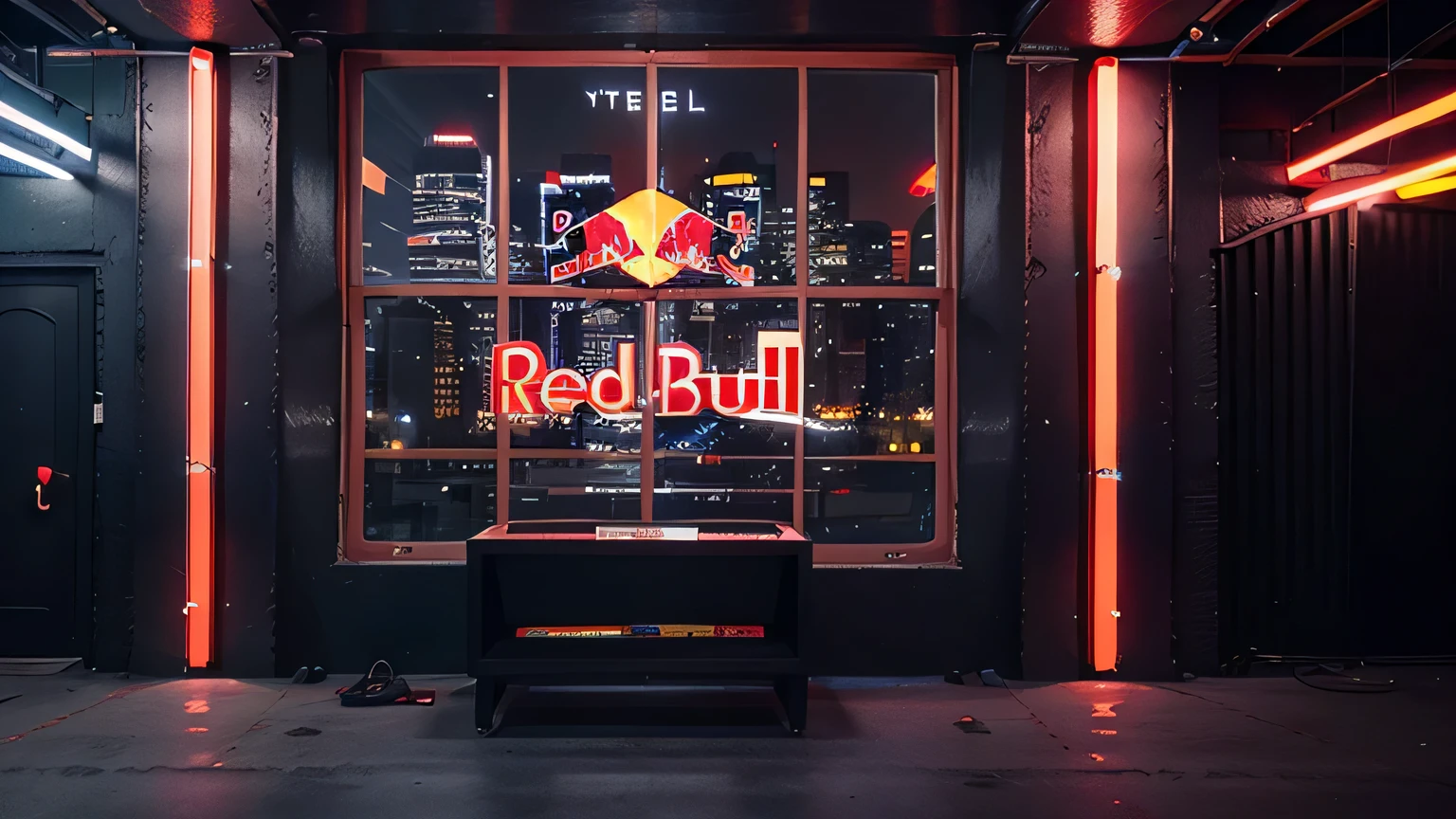 Red Bull logo, building, cypher funk, city, neon shine, American style, high definition