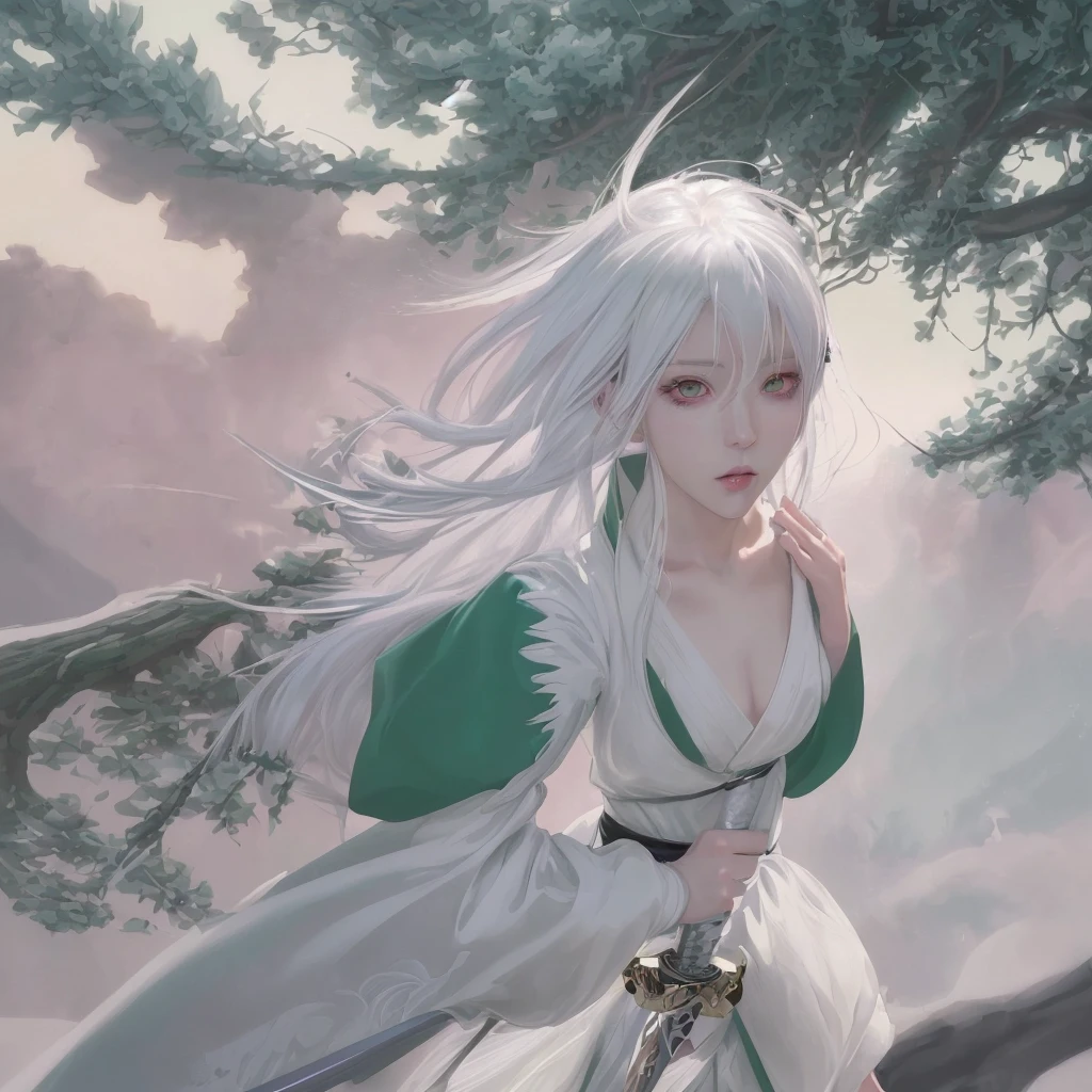 Anime girl with white hair and green eyes holding a sword, detailed digital anime art, anime style 4k, white haired god, anime art wallpaper 4k, anime art wallpaper 4k, Best Anime 4K Kona-chan Wallpaper, anime art wallpaper 8k, detailed anime artwork, detailed anime art, Detailed anime original drawing, anime wallpaper 4k, anime wallpaper 4k