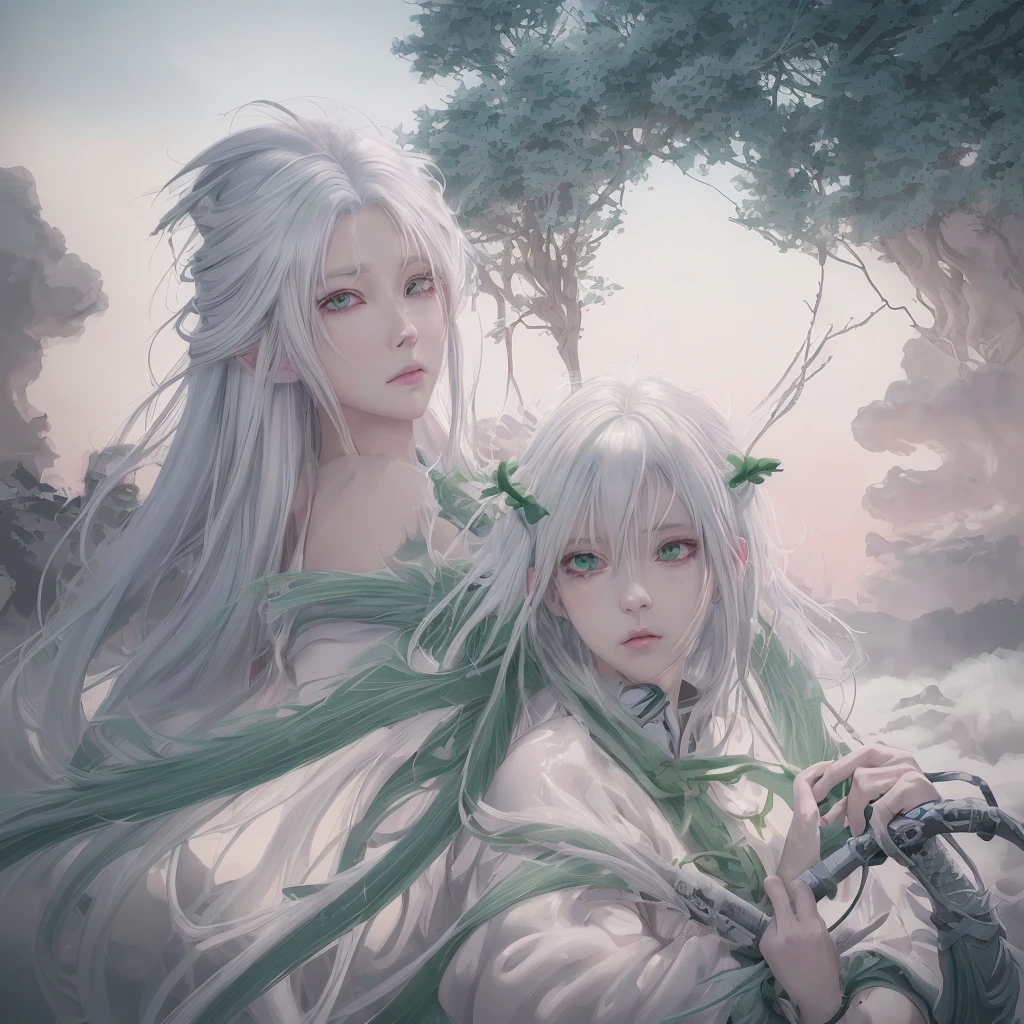 Anime girl with white hair and green eyes holding a sword, detailed digital anime art, anime style 4k, white haired god, anime art wallpaper 4k, anime art wallpaper 4k, Best Anime 4K Kona-chan Wallpaper, anime art wallpaper 8k, detailed anime artwork, detailed anime art, Detailed anime original drawing, anime wallpaper 4k, anime wallpaper 4k