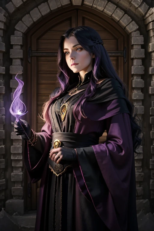 Hécate Blackwood, a magic professor at Camelot School, stands as an enigmatic and charismatic figure. Her exotic hair cascades in deep shades of purple, flowing like the shadows of a nocturnal forest. Her penetrating green eyes, framed by arched eyebrows, seem to hold the secrets of centuries. Adorned in elegant and mysterious garments, she exudes an aura of power and mystique. In her hand, she holds a wand sculpted from dark wood, adorned with ancient runes and glistening gems. An aura of mystical energy shimmers around her, revealing her deep connection to the arcane arts. As a modern witch, Hécate is revered by her students and colleagues, and her presence in the school is a source of inspiration and fascination to all who know her.

Tags: Hécate Blackwood, magic professor, Camelot School, enigmatic, charismatic, exotic hair, deep shades of purple, shadows of a nocturnal forest, penetrating green eyes, arched eyebrows, secrets of centuries, elegant garments, mysterious garments, power, mystique, wand, dark wood, ancient runes, glistening gems, mystical energy, connection to arcane arts, modern witch, revered, students, colleagues, source of inspiration, fascination.