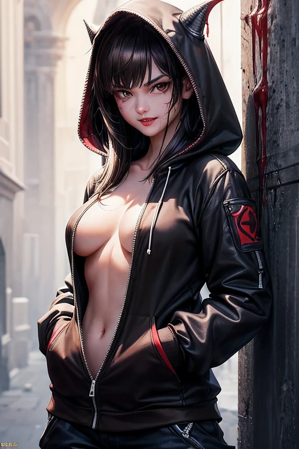 1 girl, 18 years old), wearing a black hooded sweatshirt, hood on her head, Capri pants: 1.5, (hands in pocket: 1.5), in a dark street, leaning against the wall, looking at the spectator, with the mouth wide open, with pointy teeth, devilish smile showing its sharp teeth, (((blood dripping from mouth))), ((likes blood on cheek)), ((realistic blood)), (cute face), (face detailed: 1.5), (Anatomically correct), (ultra detailed face and skin texture), (((brown eyes: 1.3))), ((bright eyes)), intricate eyes, symmetrical eyes, (thin eyebrows) , (eyeliner), ((perfect nose)), (red lips), ((wide smile), black hair, short messy hair, bangs (medium :1, 2), (round breastsicial art), ((Best Quality)), (Masterpiece), (Ultra Detailed), (High Resolution), (Photo Realistic)), ((Cinematic Light: 1.2)), ((High Resolution)), (Visible Features ), (Line speed: 1.1), ((Photorealistic: 1.37)) ,((extremely detailed), post-processing.