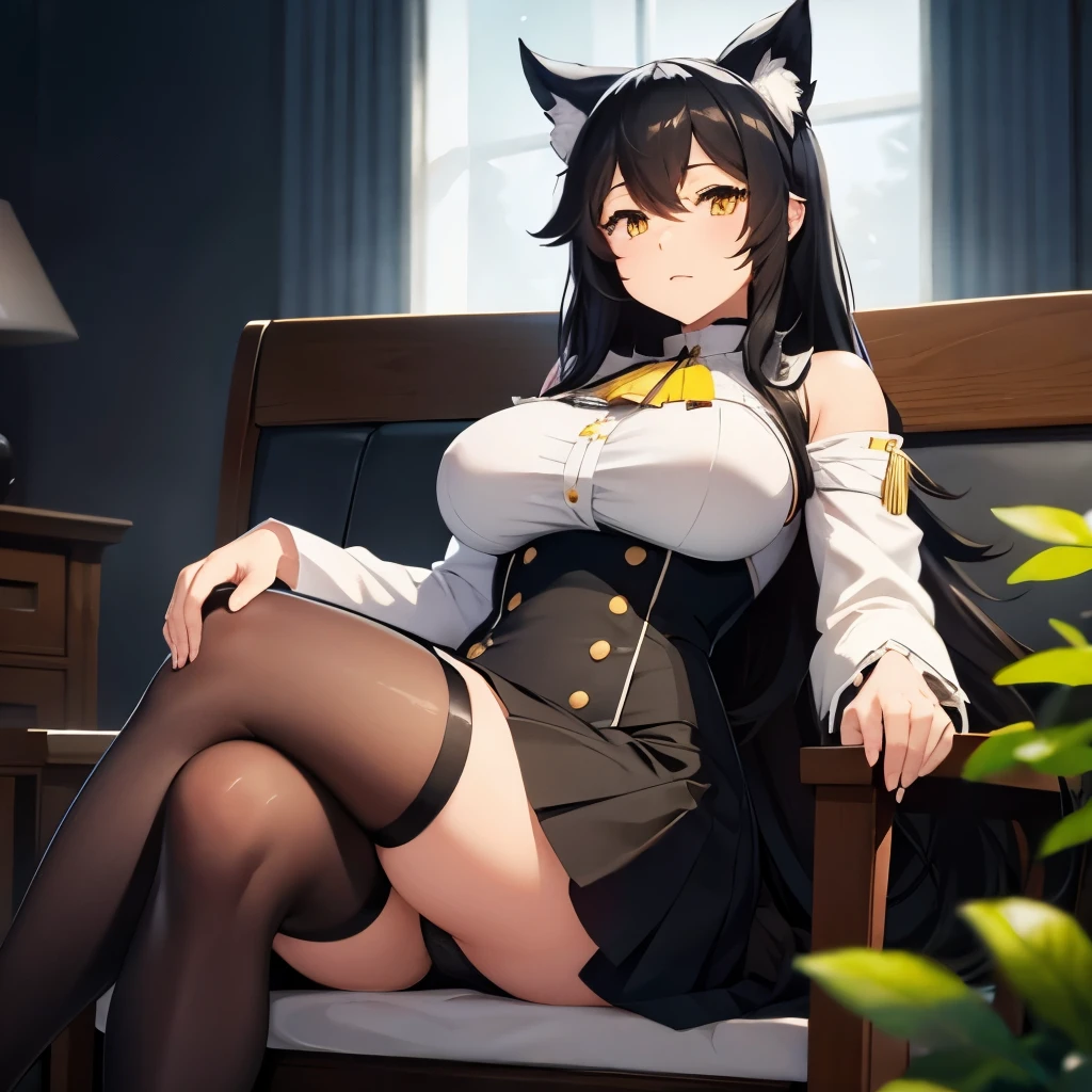 Atago, sit in the beth,black tighs,,black panties,crossed legs fluffy ears ,withe dress black hair, yellow eyes, fluffy black tail.