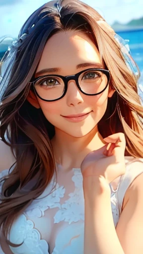 highest quality、realistic、Japanese、girl、zoom、look up、cute、gray eyes、glasses、long hair、brown hair、all back、Forehead is coming out、Ocean、Wedding dress、Happy smile、cowboy shot