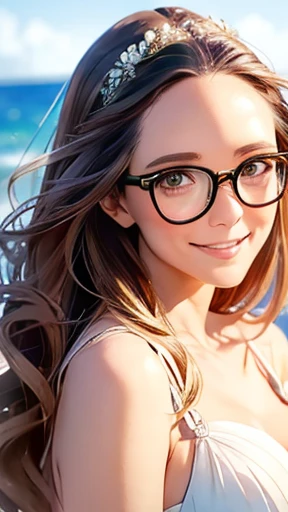 highest quality、realistic、Japanese、girl、zoom、look up、cute、gray eyes、glasses、long hair、brown hair、all back、Forehead is coming out、Ocean、Wedding dress、Happy smile、cowboy shot