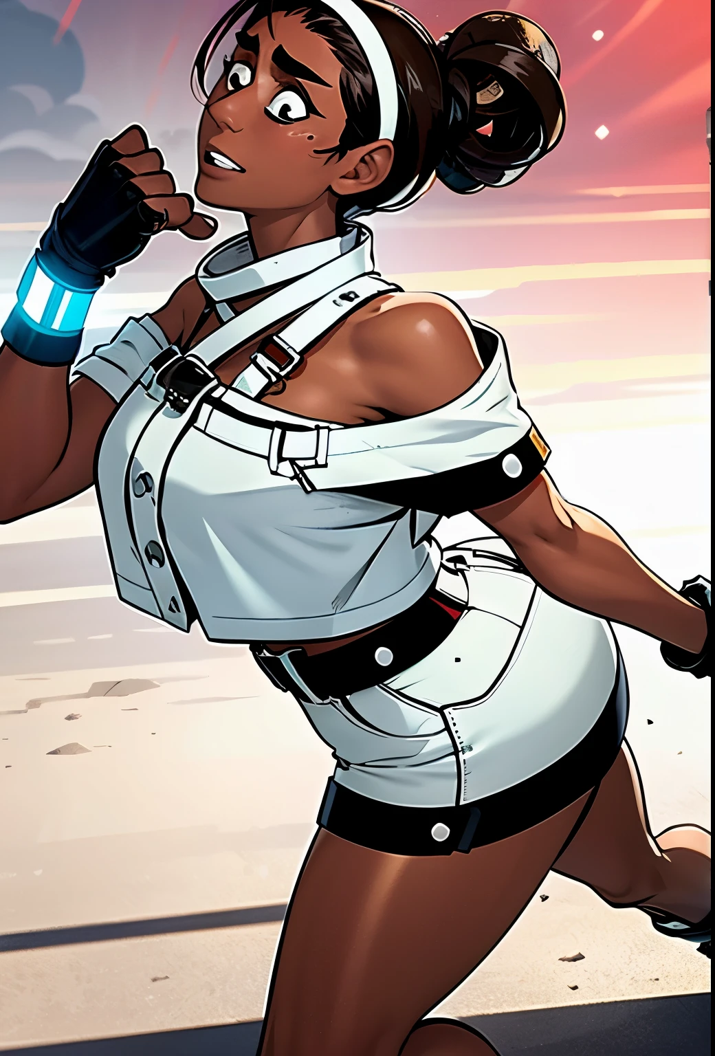 citycore, nerdcore vibes, 8k, 2040p, masterpiece, amazing quality, incredibly aesthetic, incredible sharp absurdres, incredibly sharp gradients, deep highlights, very Darkskin connie maheswaran, realistic features ,makeup, hairband, bandages, bandaged neck, key in head, head of the key jutting from her right, key bit on her left, bare shoulders, fingerless gloves a red lock on her left hand, bandaged leg, bandaged arm, bandaged hand, studded sarashi, off white skirt with studded lower trim, matching off white off-the-shoulder top, brown studded belt key belt buckle , brown light gray shoes, {shortstack, strong, toned, salaciously curvaceous}, gamer girl, arcade, putting her quater down on a fighting arcade screen, waiting her turn, cool nerd, Perfect rectangle body, perfect black eyes, perfect hands, perfect face, perfect golden ratio three sizes, motion details. wide shot, sensual perspective, Life size body, dynamic angle, rule of third,dynamic Line of action, dynamic scenery, atmospheric lighting, rich atmosphere, cool tones, atmospheric shading, side profile , atmospheric shadowing, neon led coloring, thickline art, sound effects, sensual lighting, bright lighting, Cinematography {big pear breast, heart hips, huge ass,
