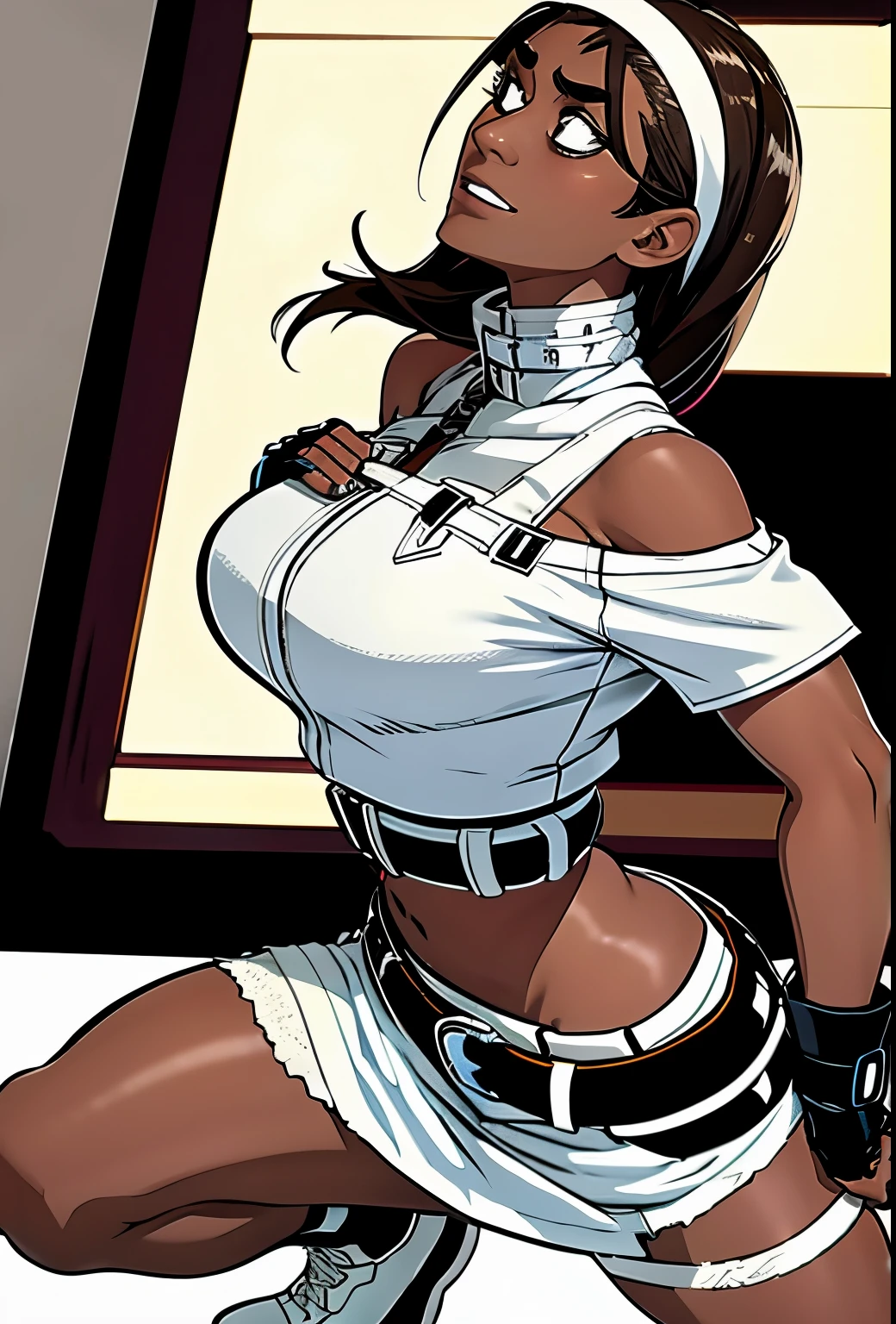 citycore, nerdcore vibes, 8k, 2040p, masterpiece, amazing quality, incredibly aesthetic, incredible sharp absurdres, incredibly sharp gradients, deep highlights, very Darkskin connie maheswaran, realistic features ,makeup, hairband, bandages, bandaged neck, key in head, head of the key jutting from her right, key bit on her left, bare shoulders, fingerless gloves a red lock on her left hand, bandaged leg, bandaged arm, bandaged hand, studded sarashi, off white skirt with studded lower trim, matching off white off-the-shoulder top, brown studded belt key belt buckle , brown light gray shoes, {shortstack, strong, toned, salaciously curvaceous}, gamer girl, arcade, putting her quater down on a fighting arcade screen, waiting her turn, cool nerd, Perfect rectangle body, perfect black eyes, perfect hands, perfect face, perfect golden ratio three sizes, motion details. wide shot, sensual perspective, Life size body, dynamic angle, rule of third,dynamic Line of action, dynamic scenery, atmospheric lighting, rich atmosphere, cool tones, atmospheric shading, side profile , atmospheric shadowing, neon led coloring, thickline art, sound effects, sensual lighting, bright lighting, Cinematography {big pear breast, heart hips, huge ass,