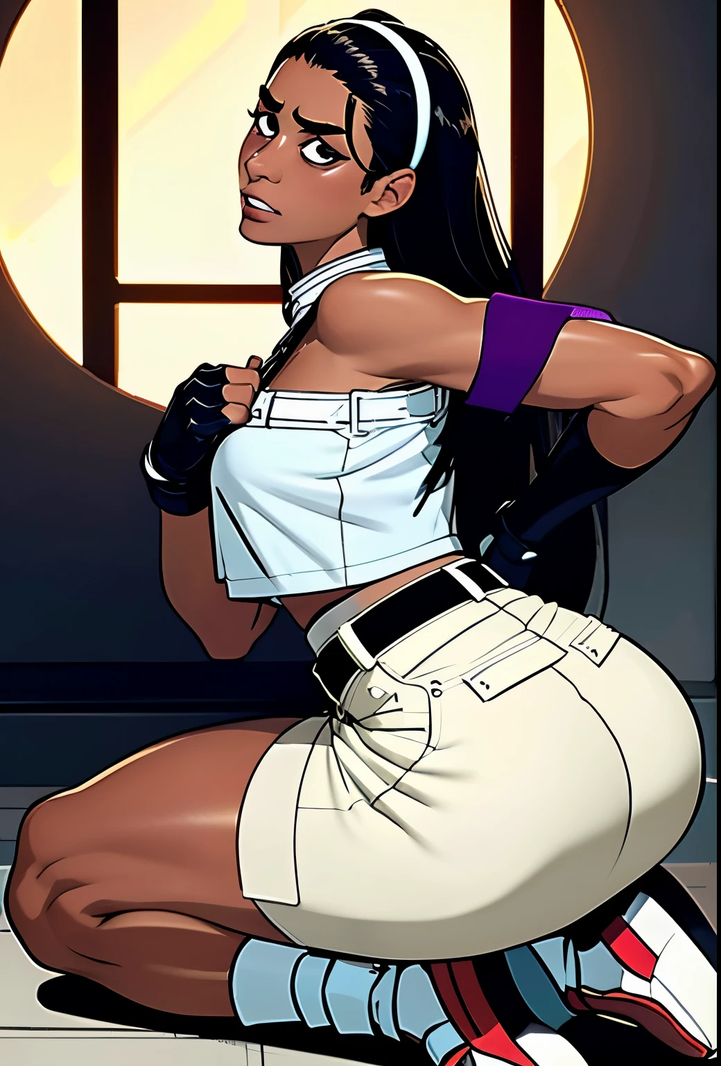 citycore,  nerdcore vibes, 8k, 2040p, masterpiece, amazing quality, incredibly aesthetic, incredible sharp absurdres, incredibly sharp gradients, deep highlights,  very Darkskin connie maheswaran, realistic features ,makeup, hairband, bandages, bandaged neck, key in head, head of the key jutting from her right,  key bit on her left, bare shoulders, fingerless gloves a red lock on her left hand, bandaged leg, bandaged arm, bandaged hand,  studded sarashi, off white skirt with studded lower trim, matching  off white  off-the-shoulder top, brown studded belt  key belt buckle ,  brown  light gray shoes, {shortstack, strong,  toned, salaciously curvaceous}, gamer girl, arcade,  putting her quater down on a fighting arcade  screen, waiting her turn, cool nerd,  Perfect rectangle body, perfect black eyes, perfect hands, perfect face, perfect golden ratio three sizes, motion details. wide shot,  sensual perspective, Life size body, dynamic angle, rule of third,dynamic Line of action, dynamic scenery, atmospheric lighting, rich atmosphere, cool tones,  atmospheric shading,   side profile ,   atmospheric shadowing,   neon led coloring, thickline art, sound effects,   sensual lighting, bright lighting, Cinematography {big pear breast, heart hips, huge ass,