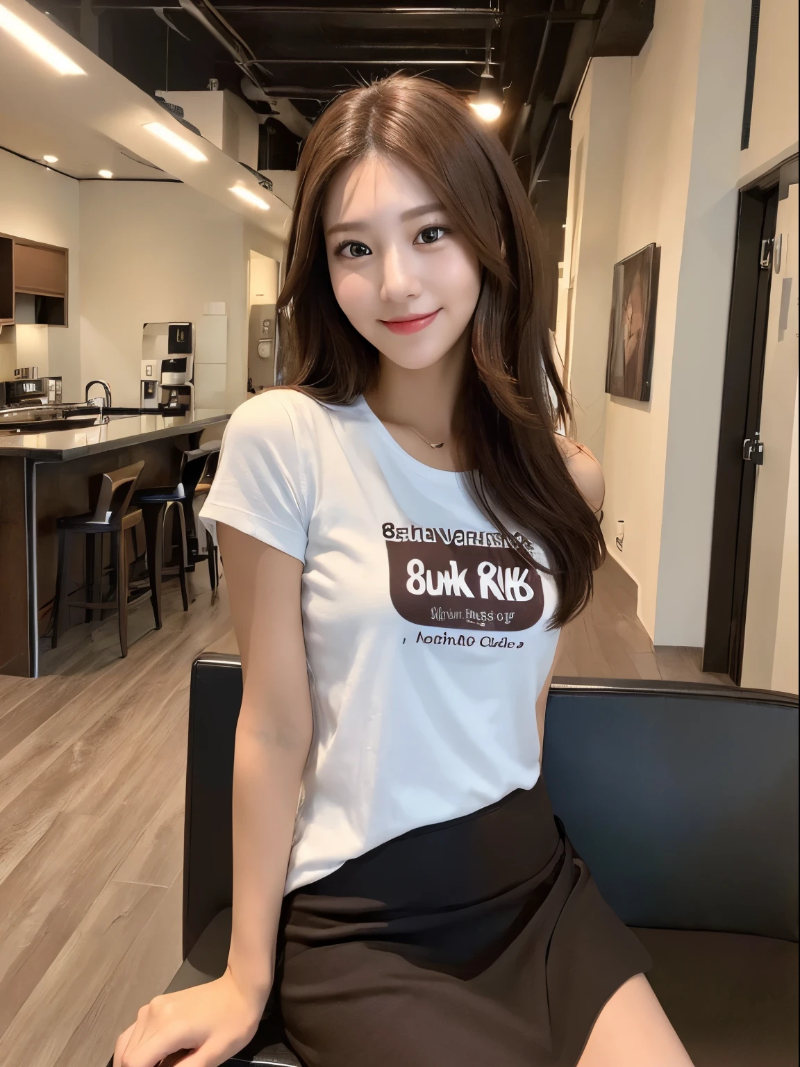 ((highest quality, 8K, masterpiece: 1.3)), Woman riding woman, Half body, smile, happy eyes, Beautiful woman, (dark brown hair), tight t-shirt, Mini Casual Skirt, super detailed face, fine eyes, double eyelid, underground, indoor, bare shoulders