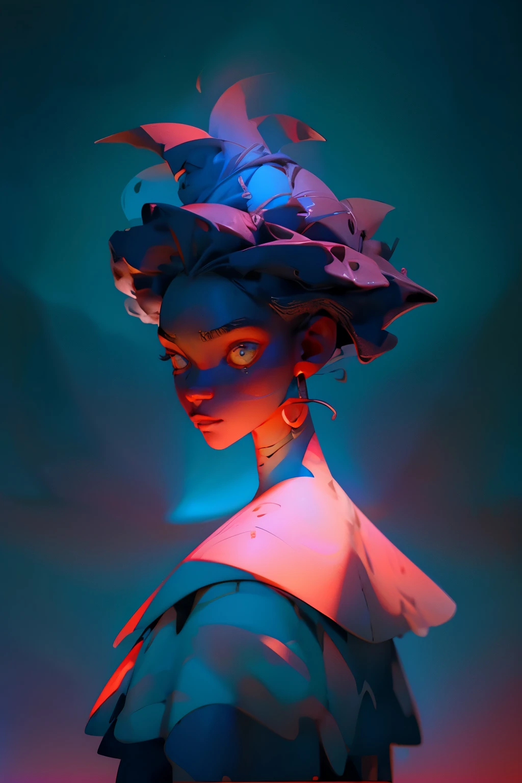 Aerial view shot:1.6, dark-skinned woman:1.2, (crested crane_dress:1.2), standing:1.4, empty_place:1.3, red, blue, white_cubism_art_squares:1.3, (beautiful_vibrant_light:1.5), artistic, creative_imagy:1.2, detailed_textures:1.3, (black_woman:1.2), perfect_anatomy:1.4, tall_figure:1.3, (beauty_face:1.5), cool_vibe:1.3, ((looking