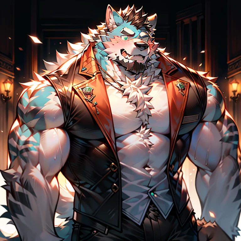 Anime style illustration of a man dressed as a wolf in the bedroom, Muscular werewolf, Anthropomorphic wolves man, hairy chest, Angry moral sexy werewolf, puffy , Badass Anime 8K, Good boy giant mecha wolf dog, furry wolf, Anthropomorphic wolves, Werewolf, high resolution committee