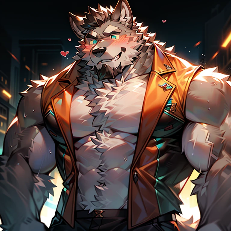 (solo, male:1.1, canine, wolf:1.1, werewolf, muscular, large muscles, large pectorals, mature male, older, facial hair, beard, happy, blushing, grey fur, teal eyes:1.1, body hair, full-body:1.1, by doooo2424), (best quality:1.2, 4k, 8k, highres, masterpiece:1.2), ultra-detailed, (realistic:1.37, photorealistic:1.37), HDR, UHD, studio lighting, ultra-fine painting, sharp focus, physically-based rendering, extreme detail description, professional, vivid colors, bokeh, portraits, wolf-human hybrid, strength, power, fierce expression, mysterious background lighting, surreal atmosphere