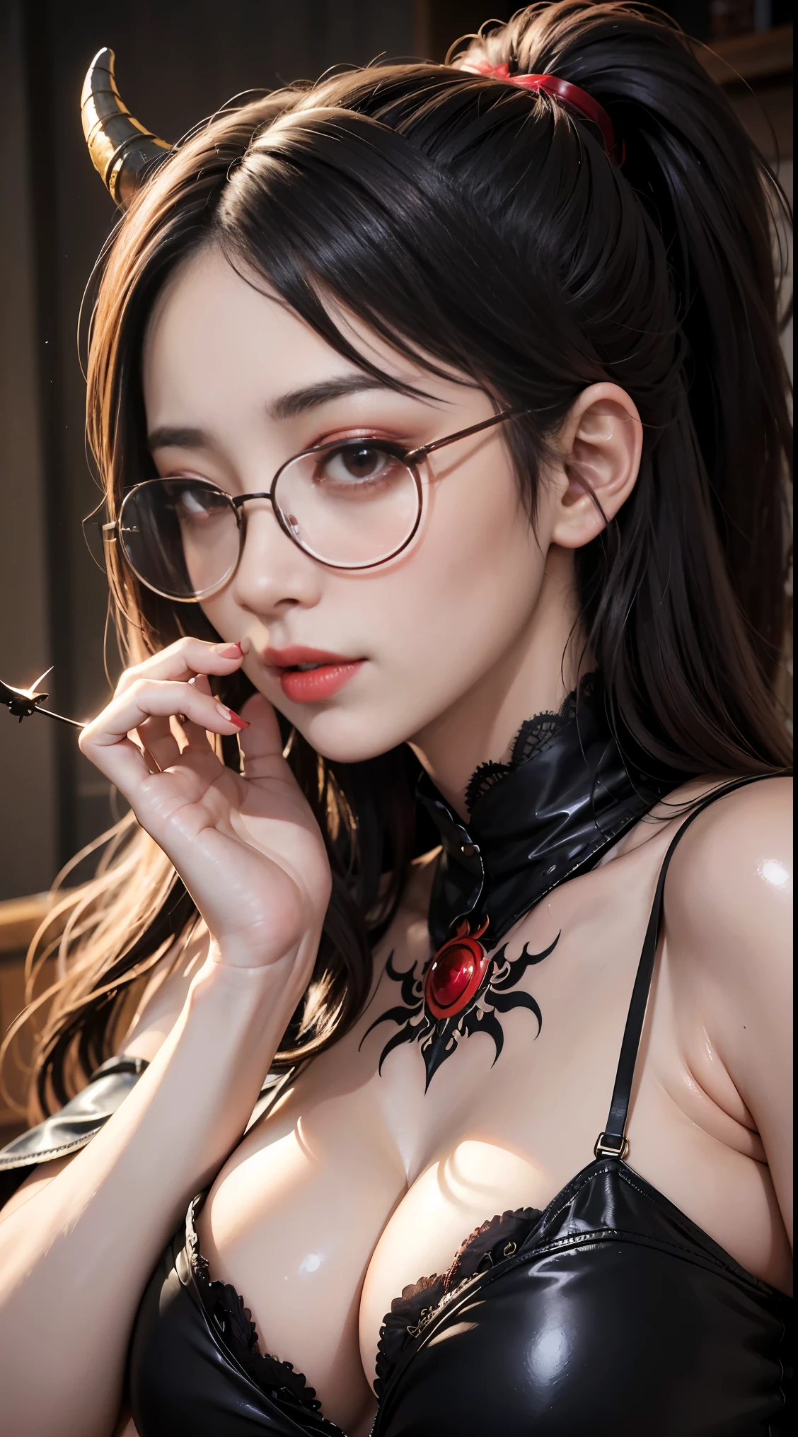 OKですか、(best illustrations)、8k UHD resolution、intricate details、highest quality、realistic、Super detailed、best writing、best shadow、soft lighting、ultra hd、Super realistic、Tyndall effect、Photoreal、(high detail skin:1.2)、 (intricate details, compensate, face to face with the children_V1:0.5), (Beautiful and delicate face in every detail, OK, beautiful and delicate eyes, perfectly proportioned face, high resolution skins, fine skin, Optimal ratio of 4 fingers and 1 thumb, arm under chest, red tattoo on lower abdomen、wonderful、wonderful, wide hips, smooth abdomen, thin and thin skin, __fashion__, __hair__:1.25)、Digital single-lens reflex camera、 absurd、1 Beautiful devil woman from hell, デヴィッド・ホックニーとアルフォンス・ミュシャによる超realistic女性のポートレート, Portrait of a seductive woman、fantasy art, Chinese humanoid robot、chinese actress、dungeon、dragon、devil&#39;palace of、devil&#39;torture chamber、night、dark style 、in the dark、(detailed spooky background:0.8), magic、 1 girl、evil nun、dark necromancer、Succubus、devil&#39;Daughter of、Umi Shinonome、bat wings，(((devil&#39;Horn)))、 ((((giant glasses, otaku glasses, thick glasses, round glasses)))),(((big breasts)))、(devil&#39;Tail)、(red eyes shine:1.6)、red eyesには、Very clear and detailed makeup, Your eyes are made up so beautifully, ((red eyes:1.0)),intricate tattoo, demonic intricate tattoo, thigh tattoo, body tattoo, masterpiece、the most beautiful face、baby face、cute smile、seductive bodyとふっくらとした美しい赤い唇、devil&#39;seductive body、devil style、enchanting black magic costume、(((光沢のある赤い蛇が彼女body ofに巻き付いています)))、The long-haired、Braid、Black hair、Ponytail distortion、, Ponytail with a bow tied at the back of the hair, beautiful expression、body up、big breasts emphasis、bust,  super tight chest, Breast augmentation surgery, Breasts are very big and round,tight waist、wide ass、 private key, cowboy lens, (red phoenix dress: 1.0),  devil&#39;Crown of,  Red Gemstone Necklace、Jewelry Gwise,  wearing black mesh socks,wearing a thin red and black robe, Pull the straps with your hands to reveal your sexy breasts, Close-up of the main character, nffsw, nffsw, Meeting beautiful girls, look at the girl&#39;body of,