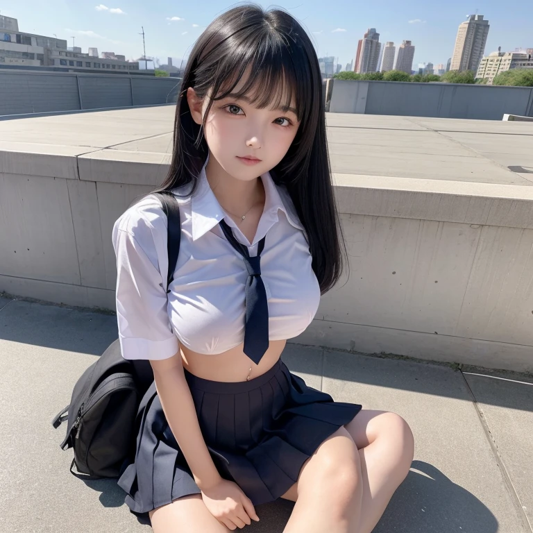 (Browsing Caution:1.3), ((masterpiece)), ((Highest quality)), (Very detailedな), ((cute)), cute, (Lovely), ((Very detailed)), 4K, (8K), Highest quality, (beautiful), hyper cute face, shape, hyper Genuineistic, Genuine, (((From below))), whole body, School rooftop, (1 Girl, cute girl:1.5), (uniform:1.5), beautiful light brown hair, beautiful brown eyes, ((beautiful eyes)), (the wind is strong, Hair is shaking,  The skirt is flipped up and the underwear is visible:1.3), short hair, (((Big Breasts))), ((Device tick type))