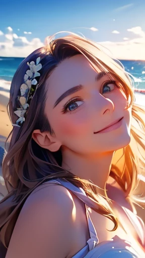 highest quality、realistic、Japanese、girl、zoom、look up、cute、gray eyes、long hair、brown hair、Ocean、Wedding dress、Happy smile、cowboy shot