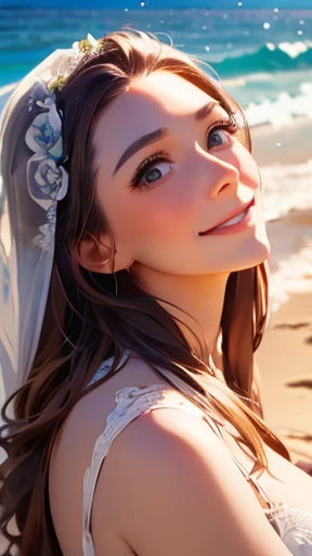 highest quality、realistic、Japanese、girl、zoom、look up、cute、gray eyes、long hair、brown hair、Ocean、Wedding dress、Happy smile、cowboy shot